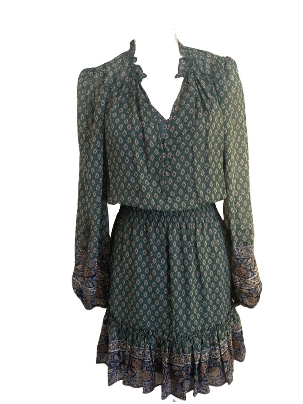 Veronica Beard Green Printed 100%silk  Ruffle Dress